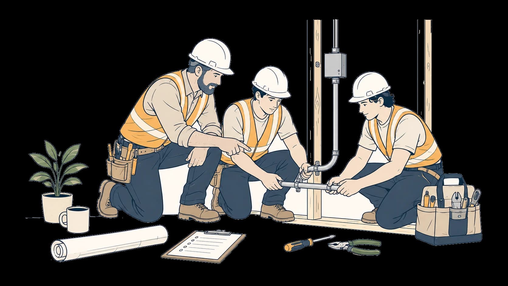 An illustration of an experienced journeyman electrician guiding two younger apprentices as they install electrical conduit on a jobsite, all wearing hard hats and safety vests, with a blueprint and checklist nearby.