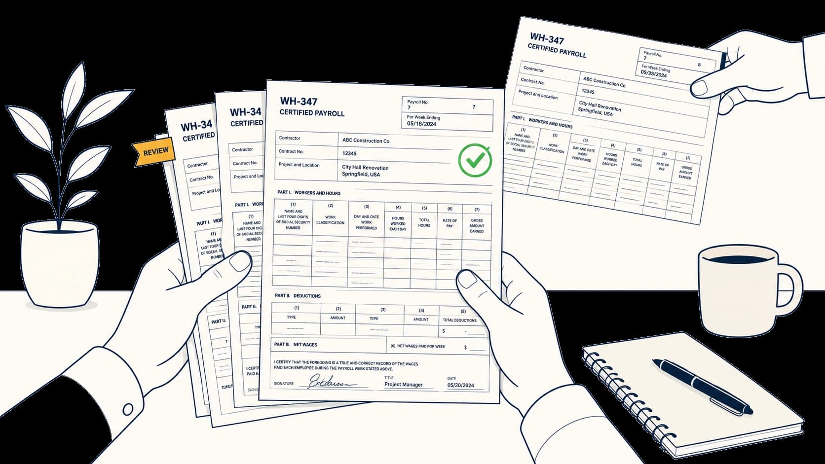 An illustration of hands collecting and reviewing WH-347 certified payroll forms from subcontractors, one report verified with a green check and another flagged for review.