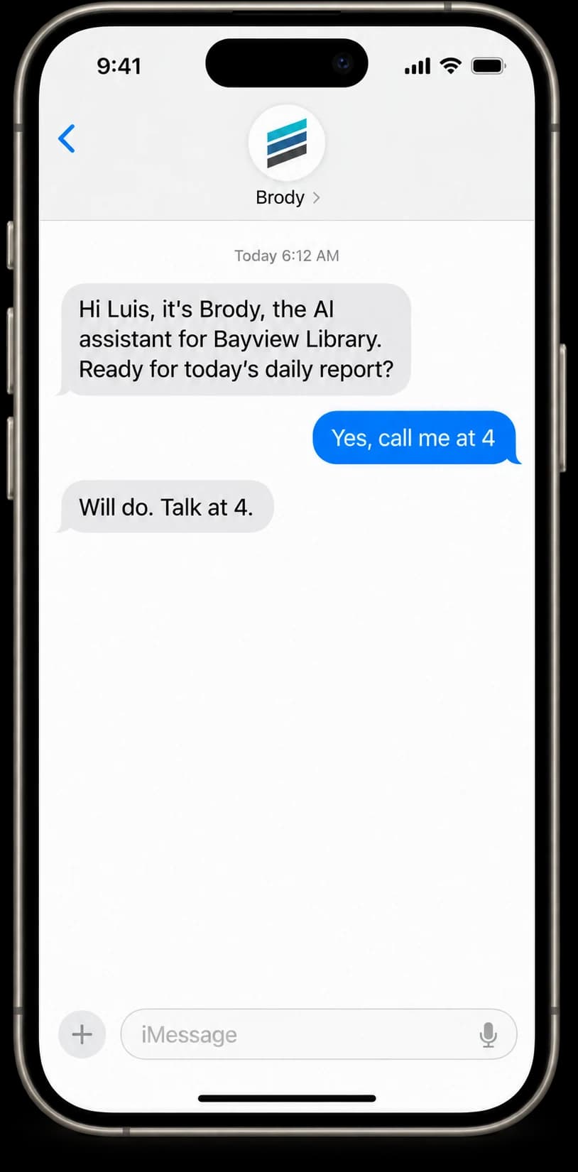 An iPhone showing a text from Brody introducing himself as the AI assistant for a construction company