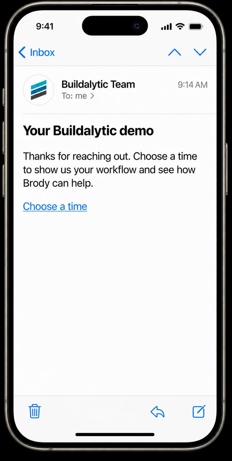 An ordinary phone Mail inbox showing a Buildalytic email invitation to choose a demo time