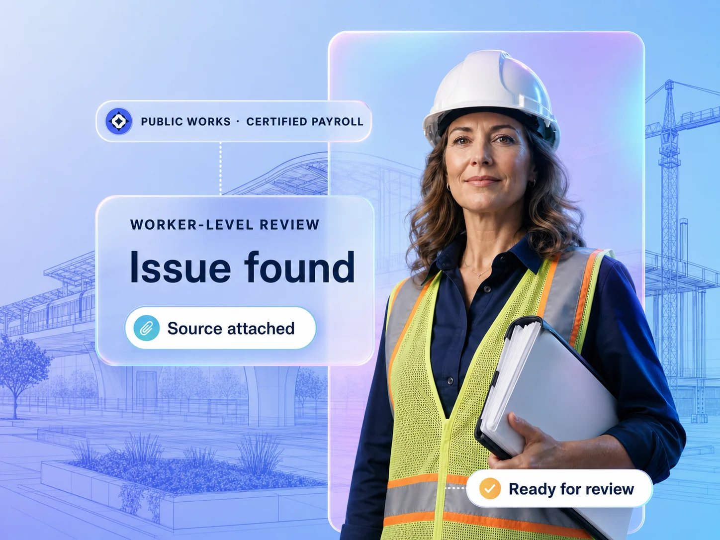A public-works general contractor reviewing a certified payroll issue with its source attached