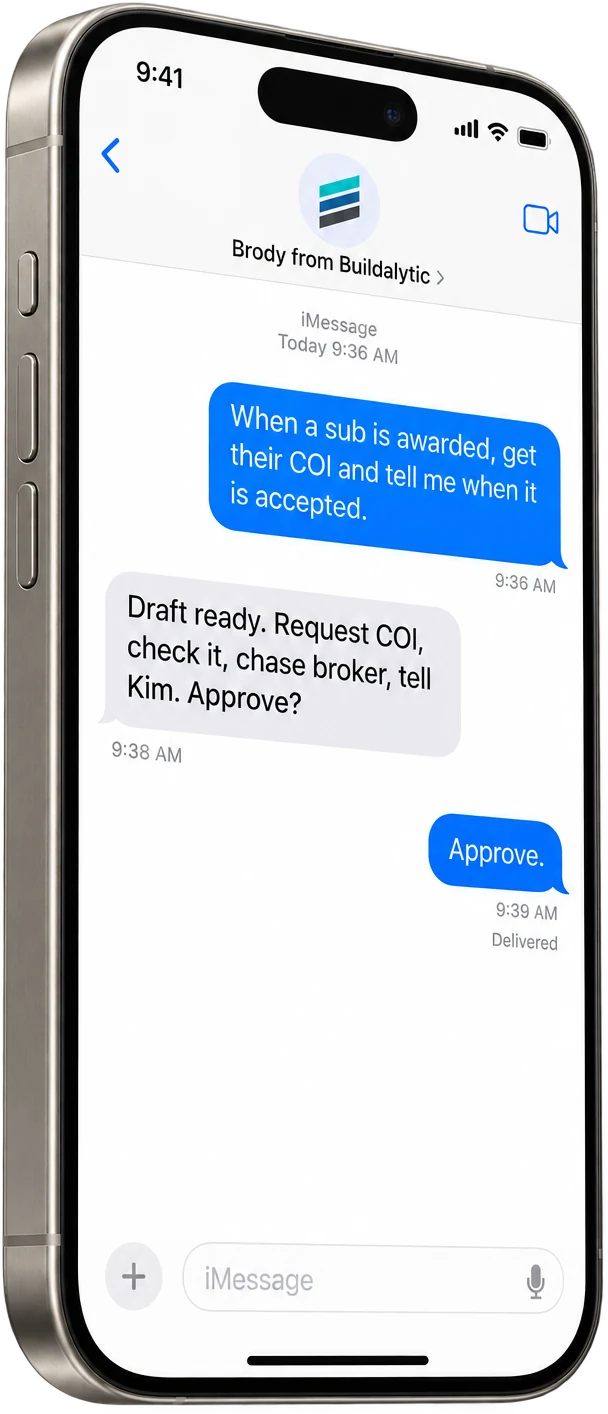 An iPhone showing a text thread where Kim describes new sub onboarding in one sentence and Brody replies with five steps to approve