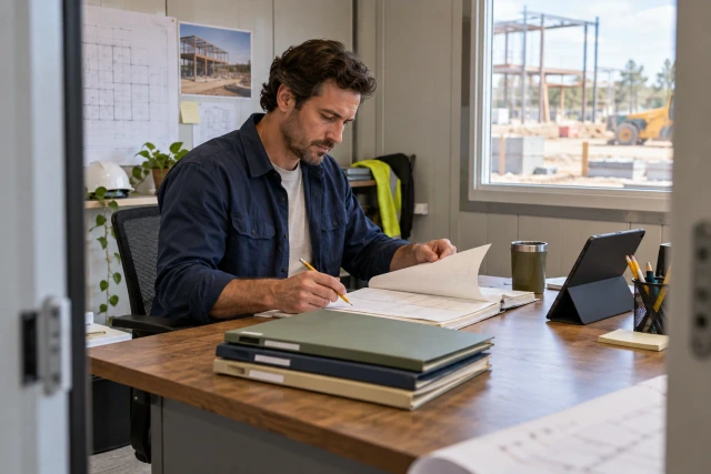 A project manager reconciles an unlettered change-order register and document folders in a site office.