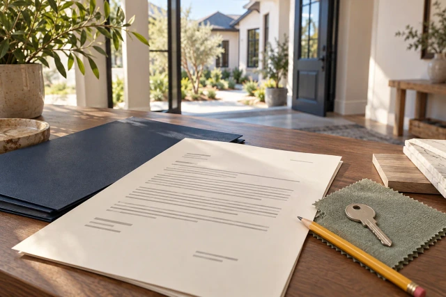An unsigned fictional warranty draft, navy document folder, home key and sage fabric swatch on a sunlit handover desk.