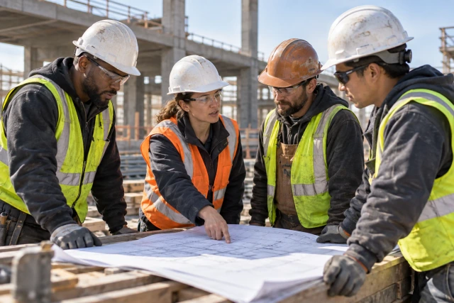 A construction crew reviewing drawings together during a morning briefing