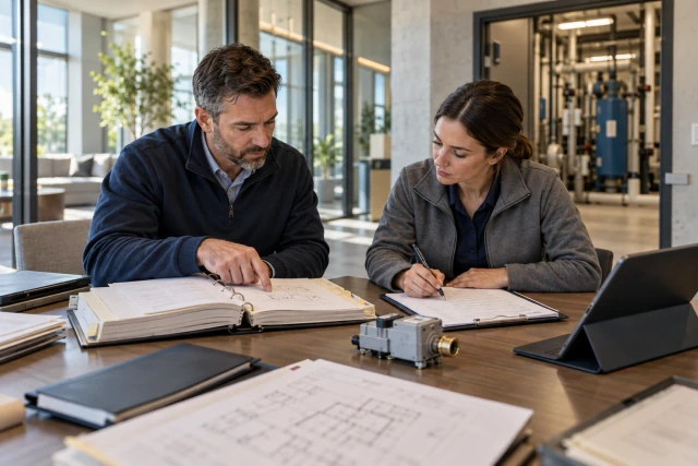 A project manager and facilities coordinator reviewing a turnover binder, component and tablet at a conference table.