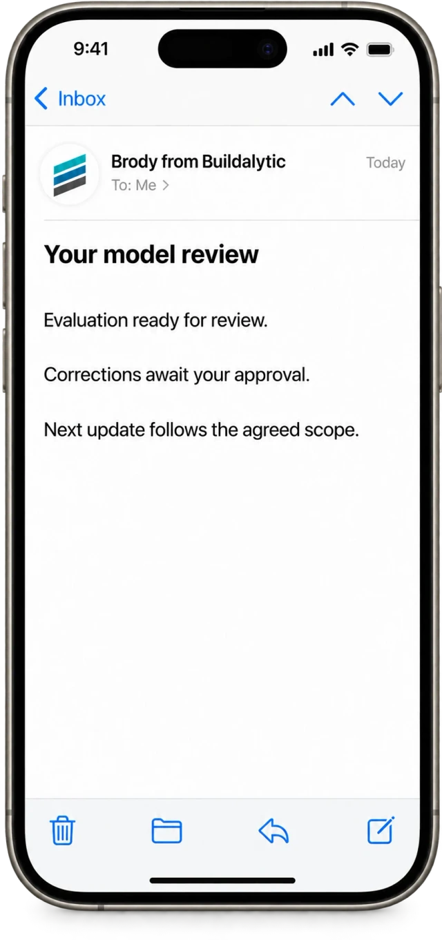 An ordinary Mail message from Brody with an evaluation ready for review, corrections awaiting approval and the next update subject to the agreed scope
