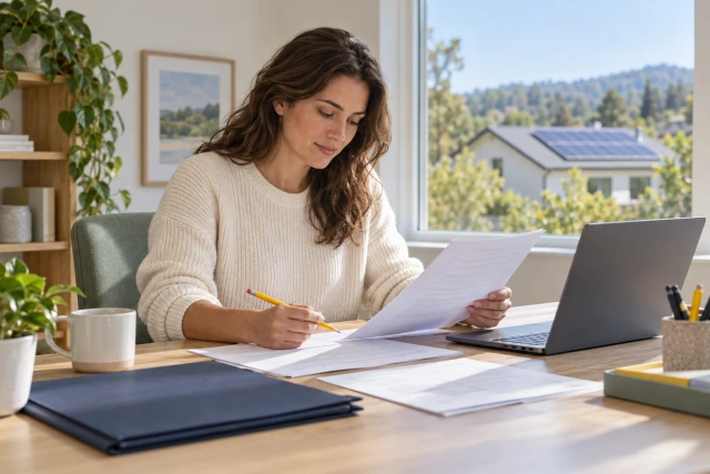 A fictional solar project administrator reviews plain application documents in an office with a distant solar-roofed home outside.