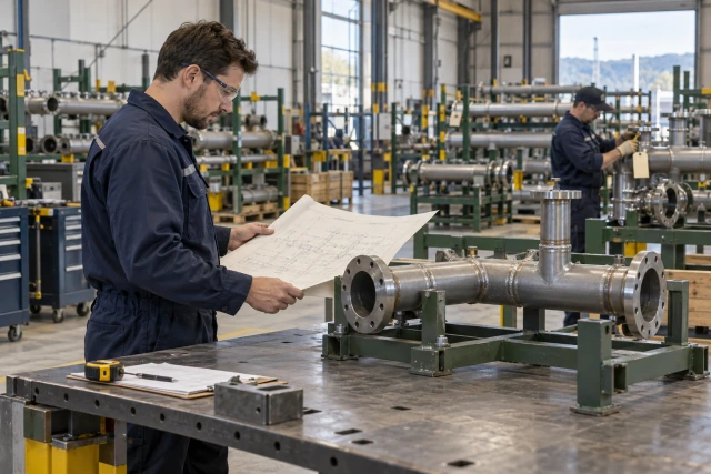 A fabrication coordinator reviews an unlettered spool drawing beside a pipe assembly in an orderly workshop.