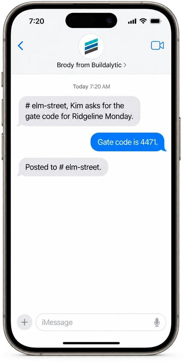 An iPhone in the Messages app showing a job channel update from Brody and the super's reply with the gate code