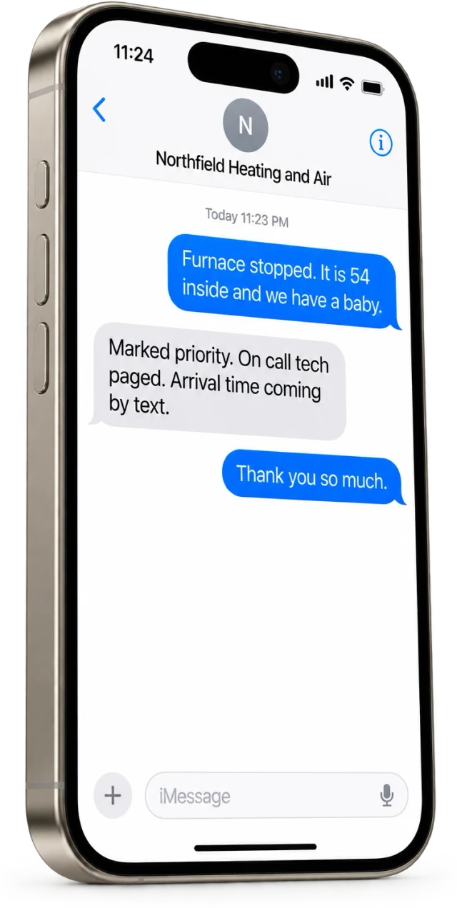 An iPhone Messages thread where Brody marks a no heat call as priority and pages the on call tech
