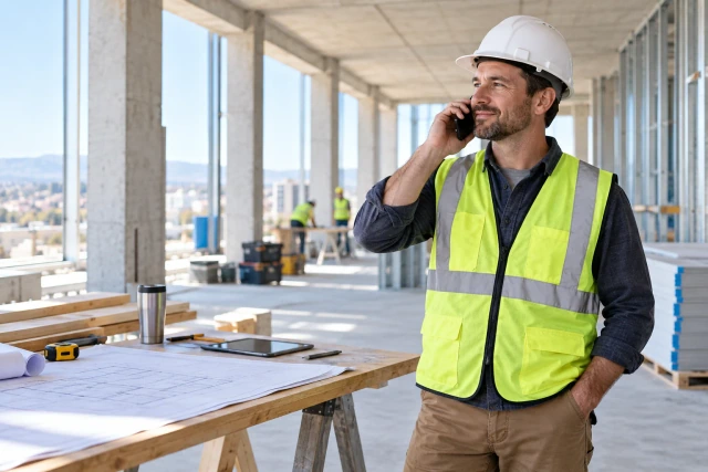 A contractor pauses safely beside a workbench to take a call