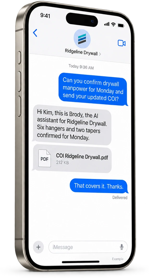 An iPhone Messages thread where a GC PM asks for Monday manpower and a COI and Brody replies for Ridgeline Drywall with both