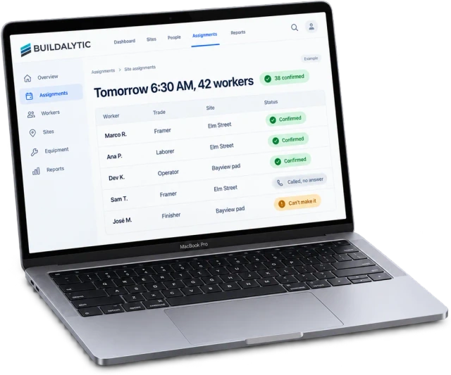 Illustrative Buildalytic browser workspace on a MacBook, using example project data