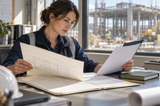 A fictional project administrator compares a drawing reference with a separate correspondence sheet in a site office.