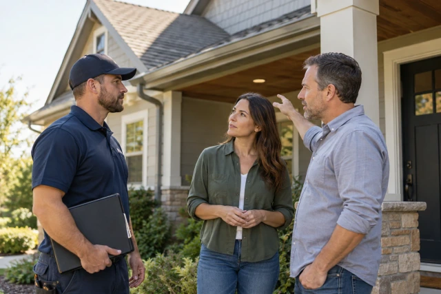 A contractor discussing a roofing project with homeowners on their porch