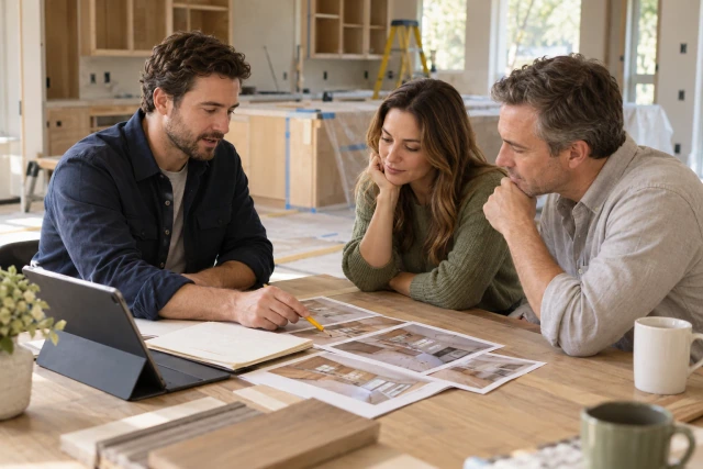 A residential project manager and homeowners reviewing progress photos and a next-steps sheet in a partly renovated kitchen.