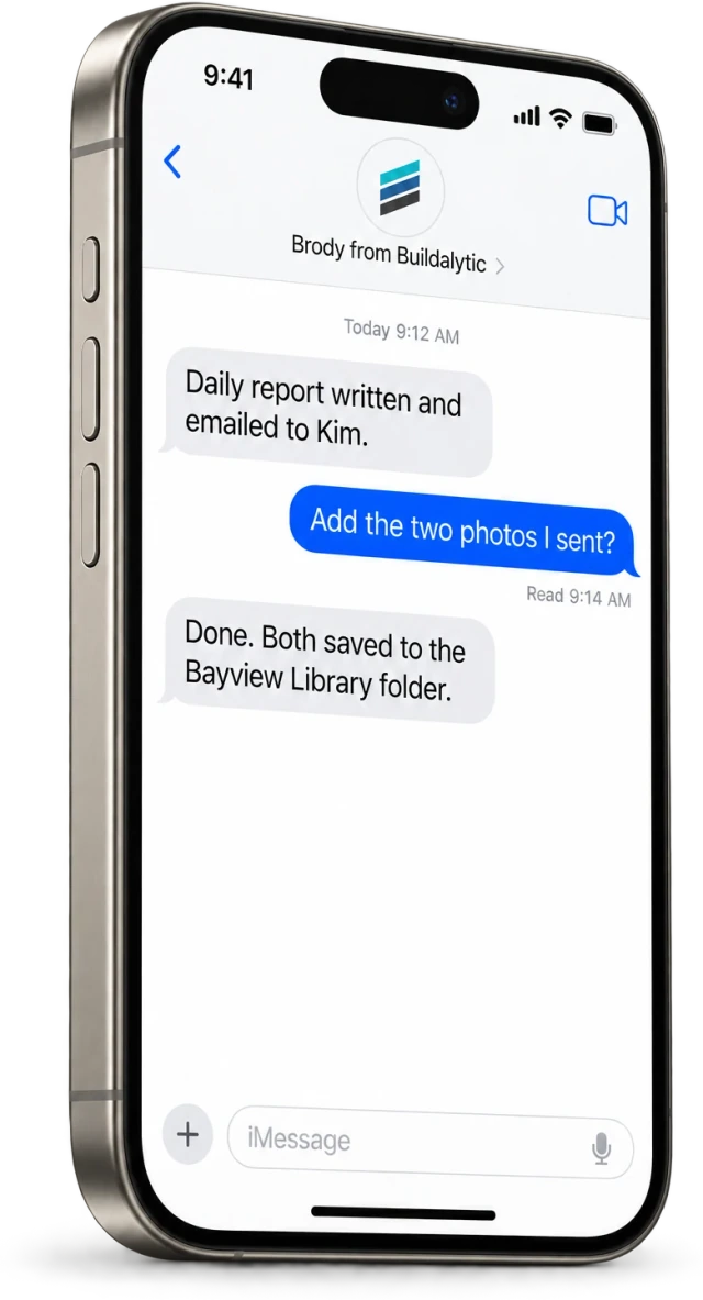 An iPhone text thread where Brody tells Luis the daily report is emailed to Kim and both photos are captioned and saved to the Bayview Library folder