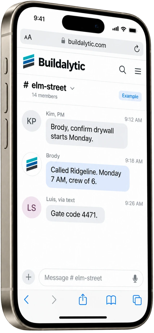 An illustrative Elm Street project channel in Safari on an iPhone with office messages and a reply received by text