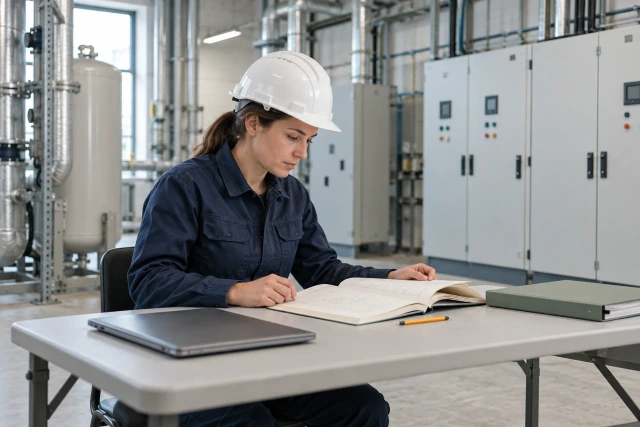 A facilities document coordinator reviews a plain manual at a table in a quiet plant room with closed equipment panels.
