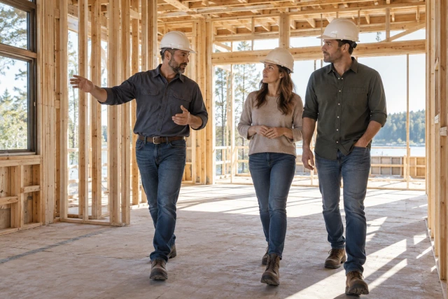 A home builder walking homeowners through their framed house