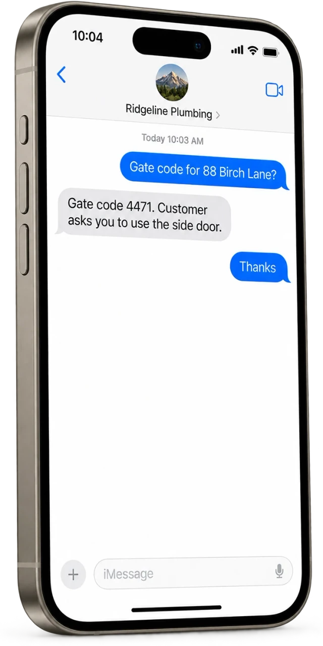 An iPhone Messages thread where a tech asks the company number for a gate code and Brody replies with the code and a customer note