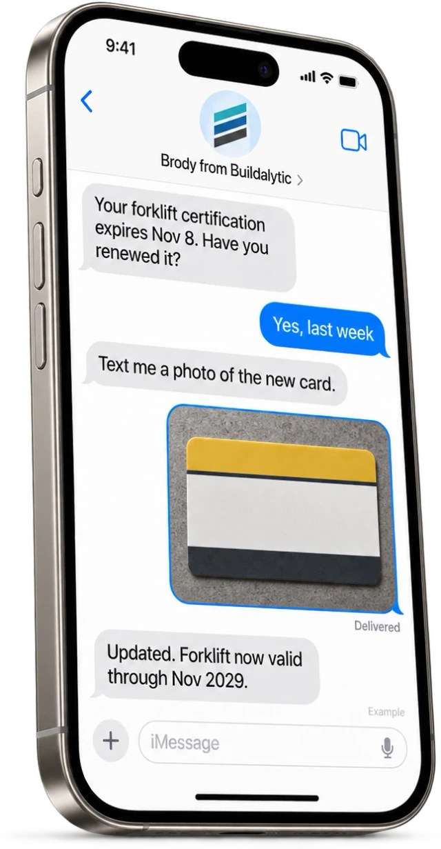 An iPhone Messages thread where Brody asks Marco about his forklift certification, Marco sends a photo of the new card and Brody updates his record