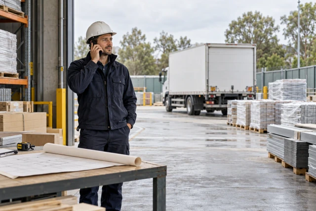 A procurement coordinator calls from an orderly receiving bay with a parked truck and wrapped materials behind.