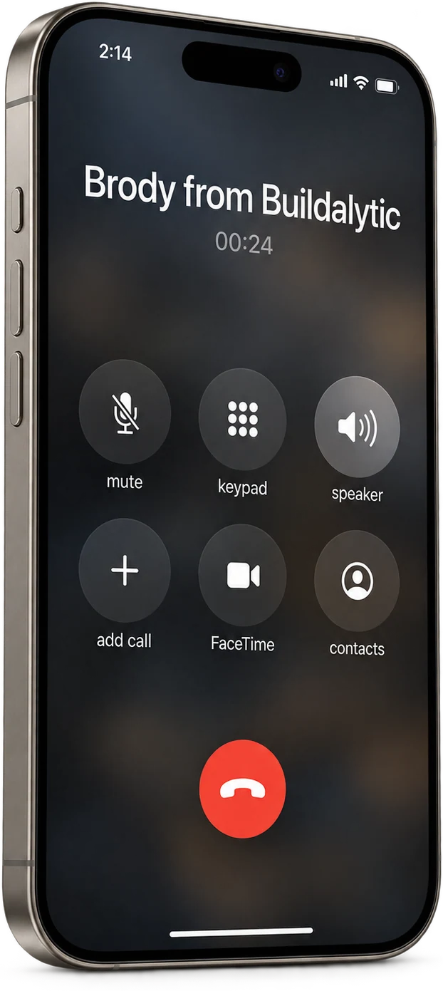 An iPhone showing the iOS call screen with Brody from Buildalytic transferring a caller to a project manager
