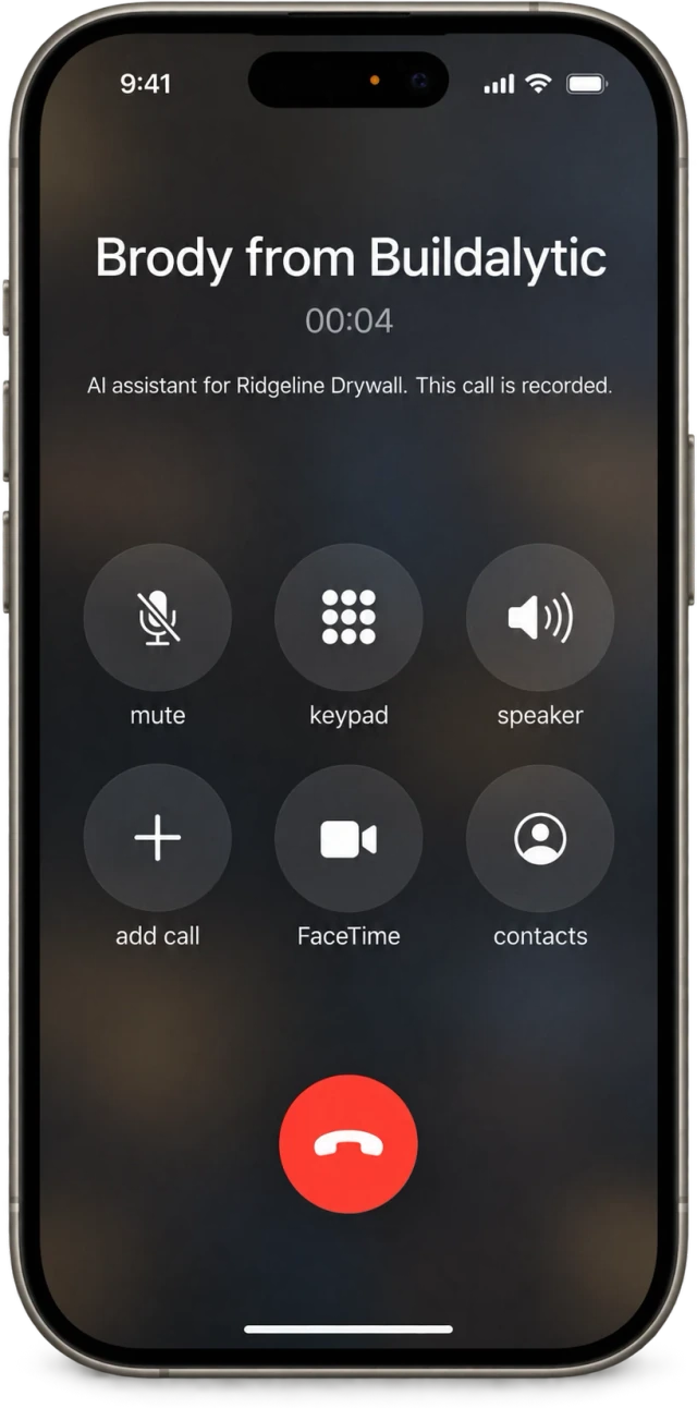 A phone showing a Brody call screen that says Brody is an AI assistant for Ridgeline Drywall and the call is recorded