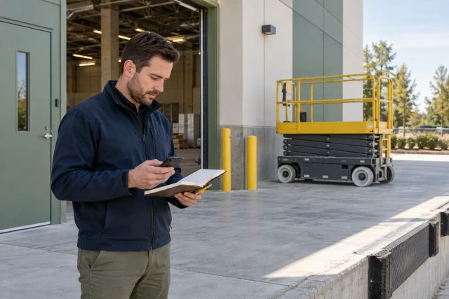 A fictional coordinator records a pickup request beside a safely parked, lowered scissor lift.