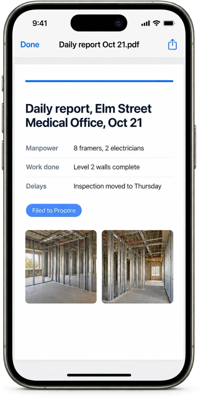 An iPhone showing the finished Elm Street Medical Office daily report PDF open in the Files app