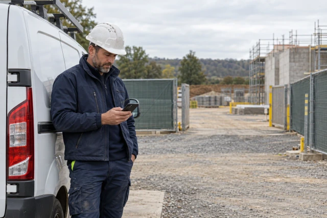 A foreman checks an unbranded phone beside a parked crew van at a quiet site entry.
