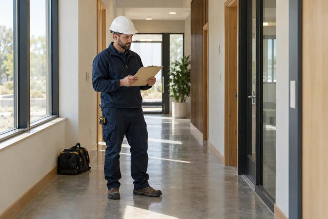 A construction coordinator reviews a plain punch-item sheet in a quiet finished corridor beside a closed tool bag.