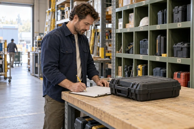 A tool-crib coordinator records a closed unbranded tool case beside tidy warehouse storage cubbies.