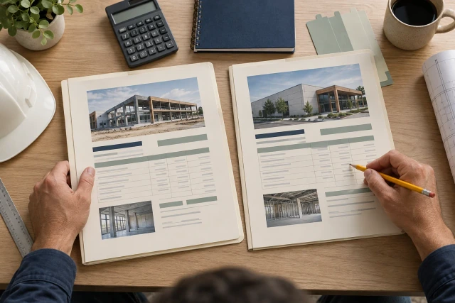 An estimator compares two plain proposal folders with a calculator and scope tabs on a pale oak desk.