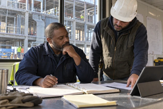 An electrical project manager and foreman comparing a field ticket, change-order binder and tablet at a site-office table.
