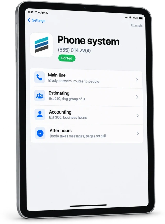 Illustrative phone-system configuration for company routing