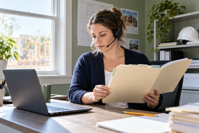 A construction administrator reviews a plain document folder while using a headset in a site office.