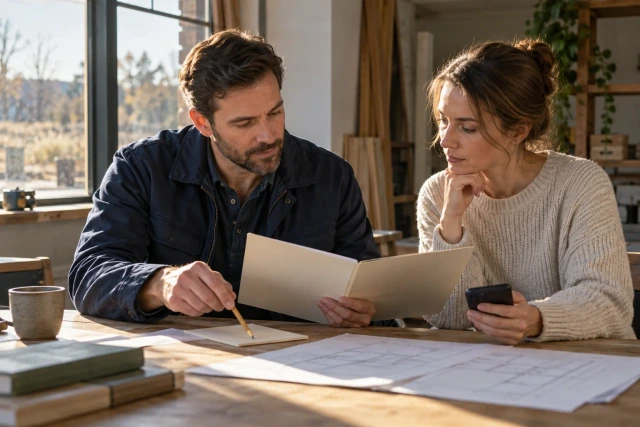 Two specialty-contractor estimators review a plain proposal folder while one listens on a phone.