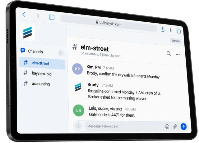 An illustrative project channel in Safari on an iPad with subcontractor confirmation, broker follow up and a field reply by text
