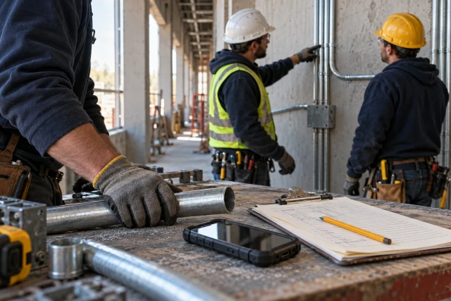 An electrician recording conduit relocation work on a field ticket beside a rugged phone and metal conduit in an unfinished corridor.