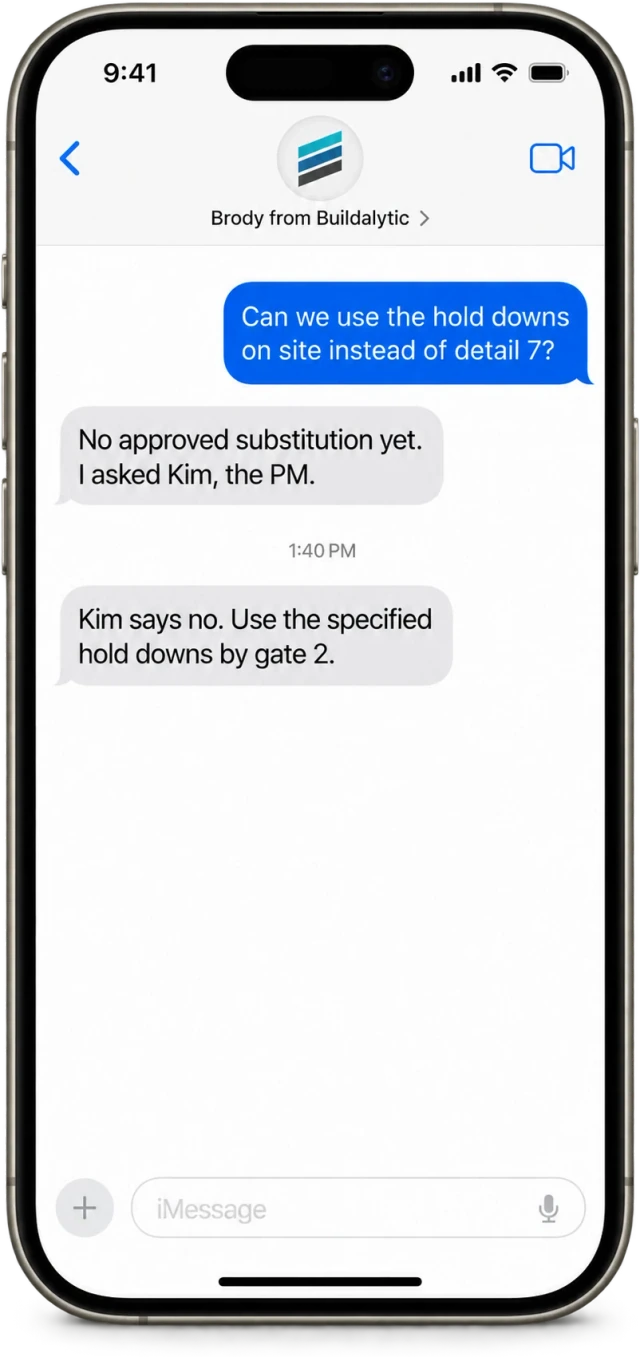 Example text thread on an iPhone where Brody routes a hold down substitution question to Kim the PM and texts back her answer
