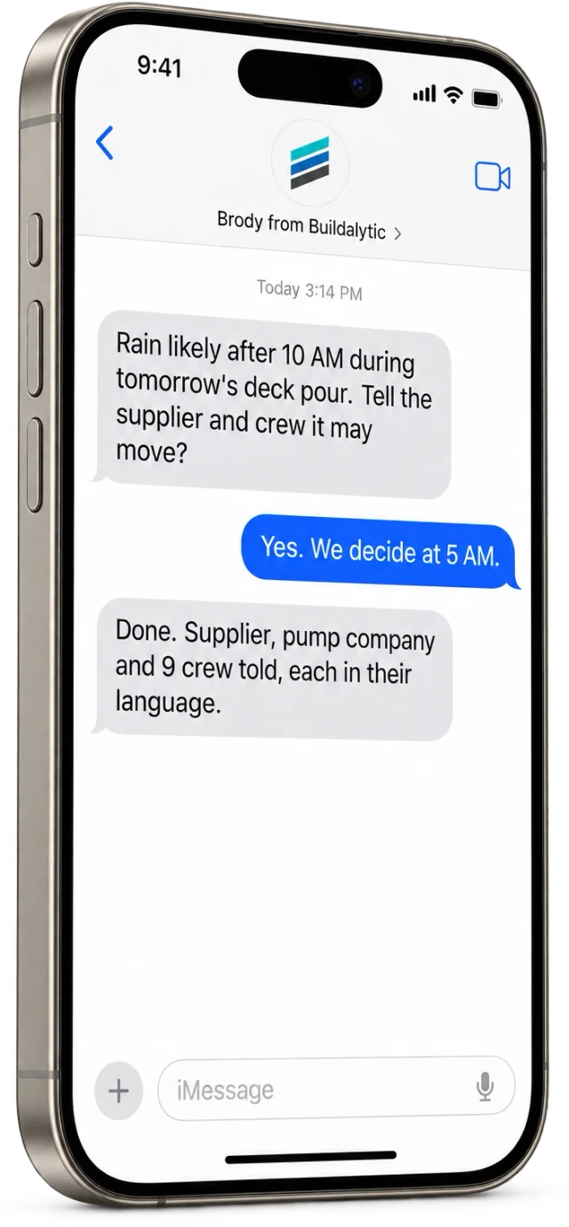 Example text thread on an iPhone where Brody asks Kim before warning the crew about rain on pour day and confirms everyone was told