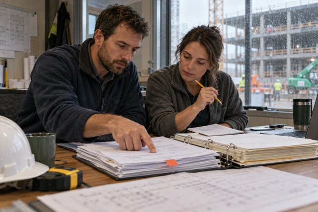 Two contractor office teammates reviewing a returned document packet and its supporting records at a site-office table.