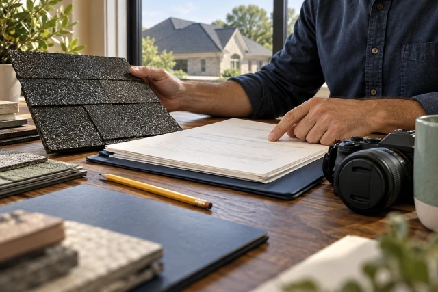 A fictional roofing scope review with a shingle sample, plain estimate pages, navy folder and closed camera in a sunlit office.
