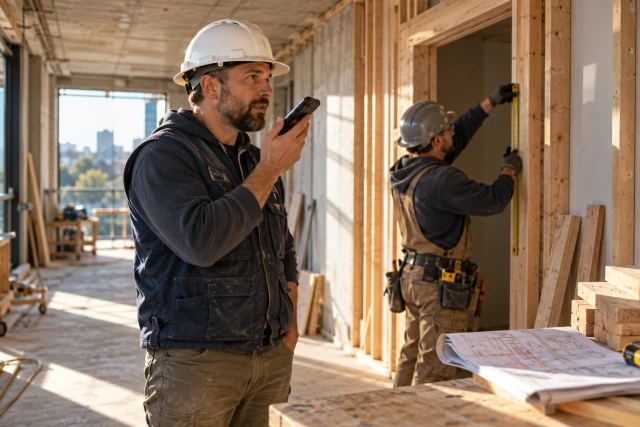 A foreman recording a phone voice note beside a revised framed doorway while a carpenter checks its dimensions.