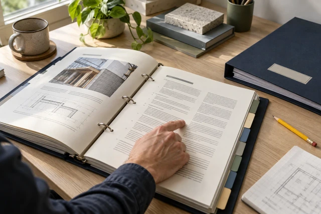 A fictional specification binder with section tabs and a hand following a paragraph beside a navy register folder.