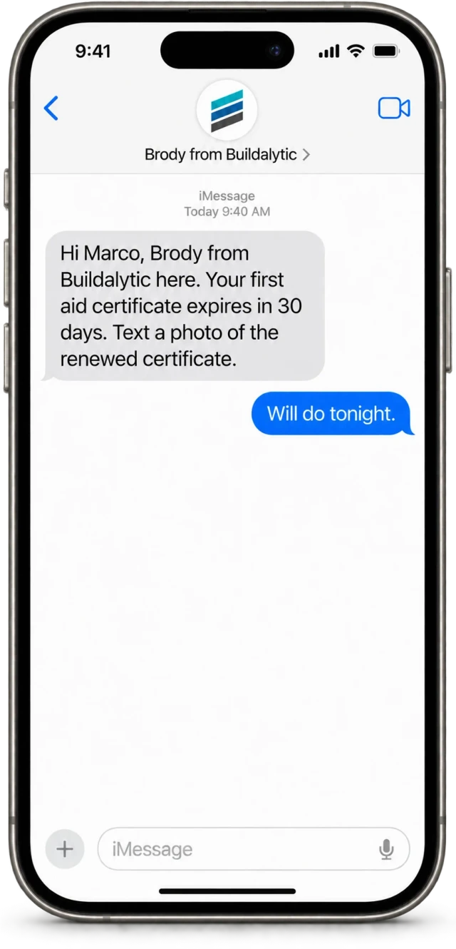 An ordinary Messages conversation reminding a worker to renew a first aid certificate, with a reply confirming they will send it