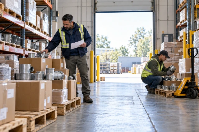 A warehouse lead checking a partial pallet of mechanical fittings against a delivery slip in a contractor receiving bay.